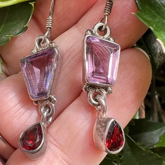 VINTAGE AMETHYST GARNET DROP DANGLE LONG EARRING925 STERLING SILVER UNIQUE CUT